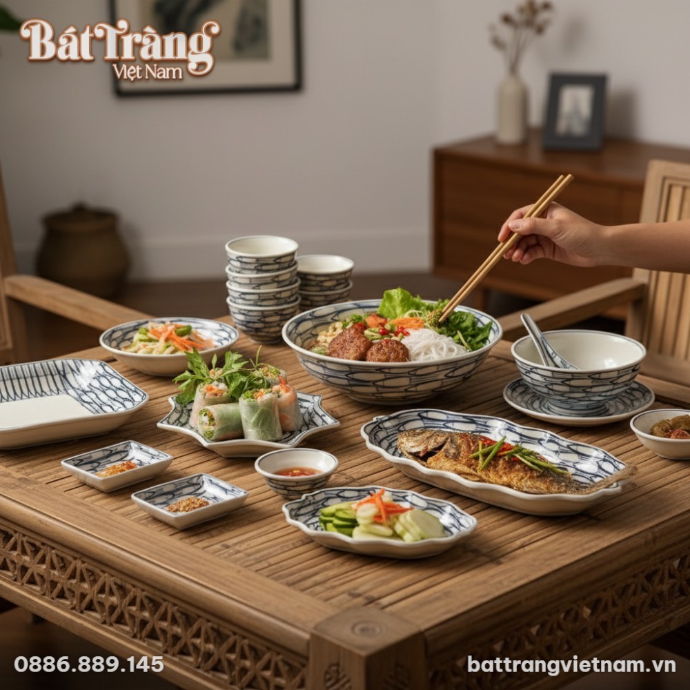 Các loại bát sâu lòng và bát ăn cơm được trang trí họa tiết cá đàn độc đáo.