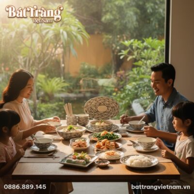 Gia đình trẻ Việt Nam hiện đại quây quần bên mâ...