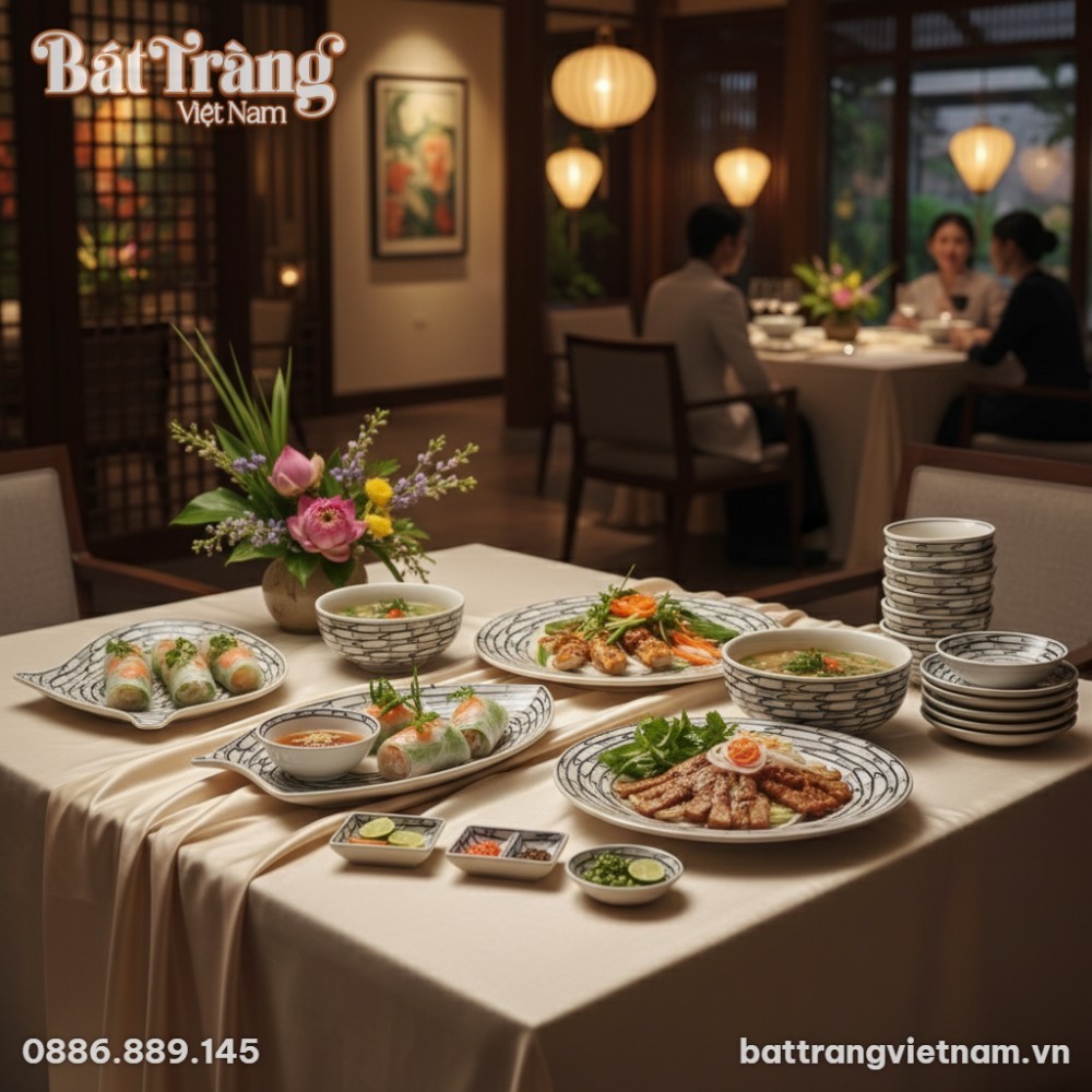 Món ăn được bày trí sang trọng, ấn tượng trên bộ bát đĩa hoạ tiết cá đàn viền