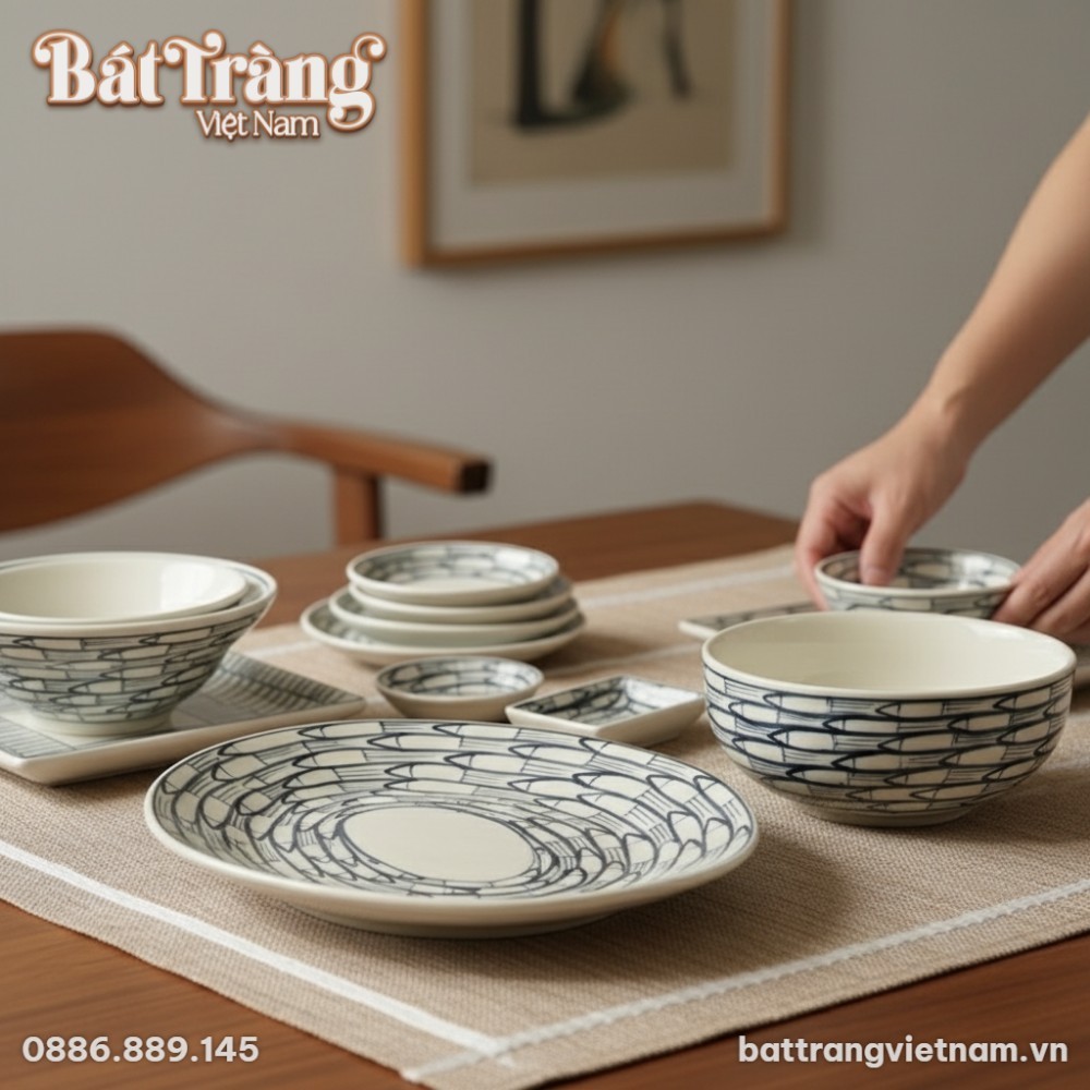 Các loại bát tô, bát ăn cơm và đĩa gia vị hình vuông, tròn với họa tiết đồng bộ.