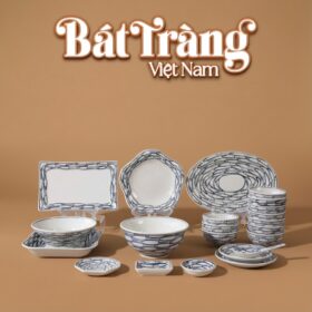 Bộ bát đĩa Bát Tràng men sứ trắng hoạ tiết cá đàn viền Thuận Hoà BD-64