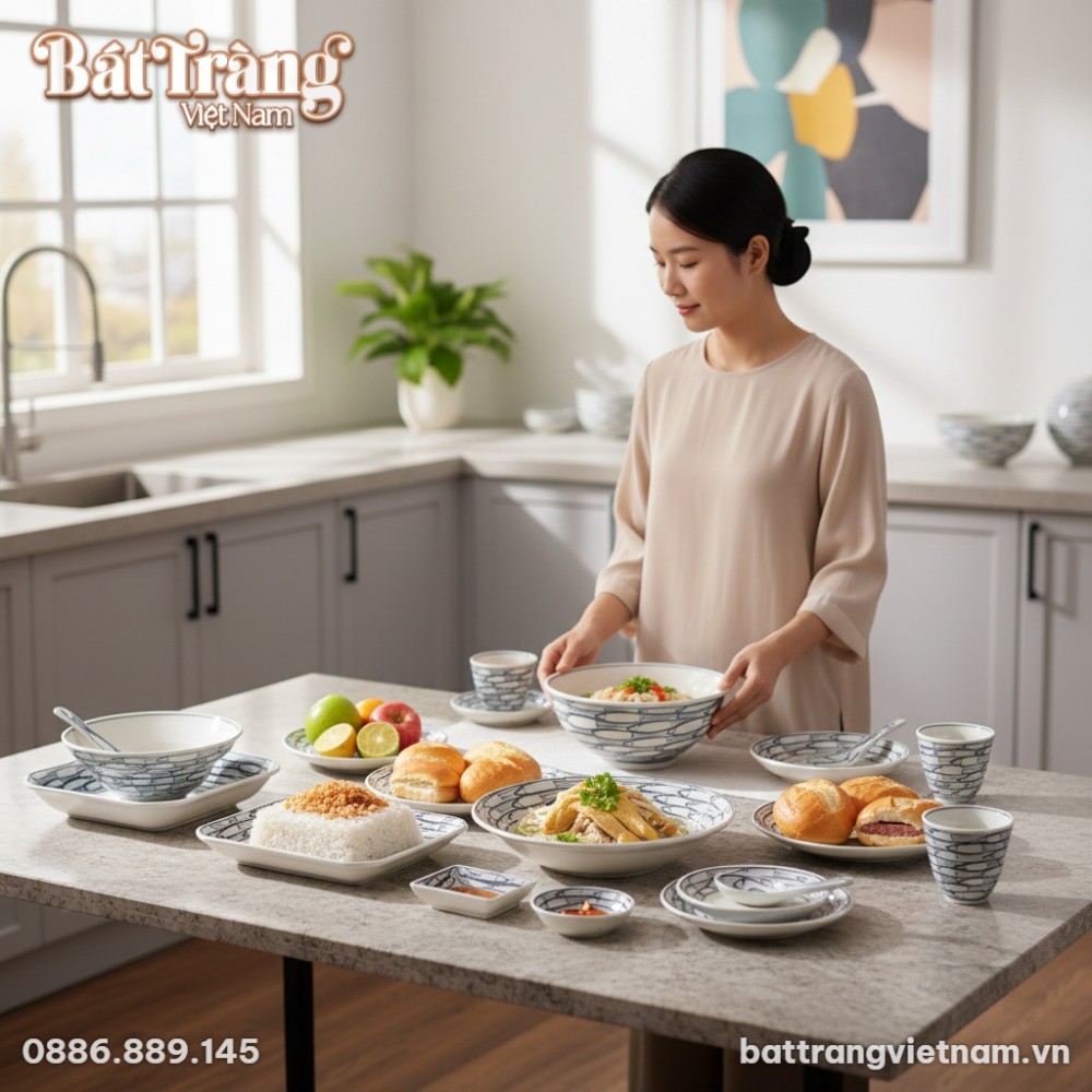 Cận cảnh họa tiết cá đàn viền xanh đen uyển chuyển trên nền men trắng bóng