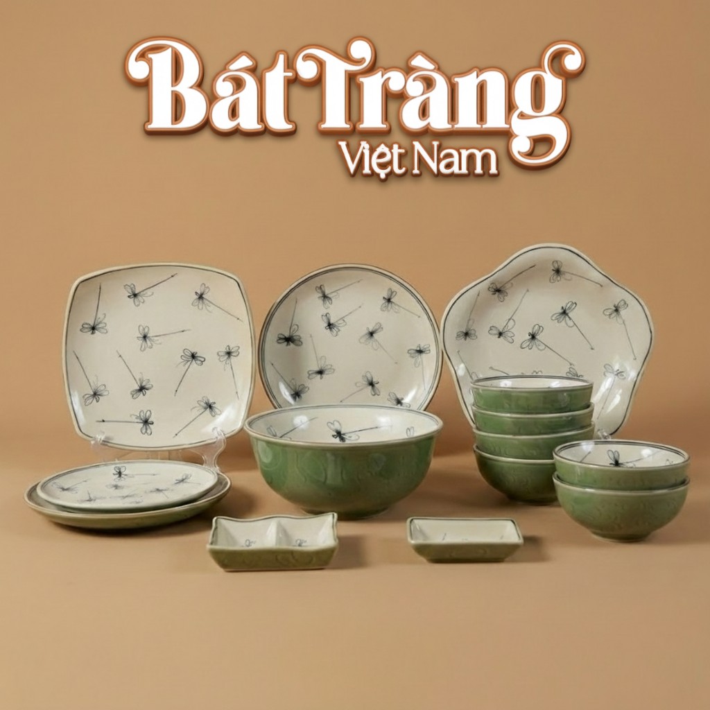 Bộ bát đĩa Bát Tràng men sứ trắng hoạ tiết chuồn xanh An Nhiên BD-65