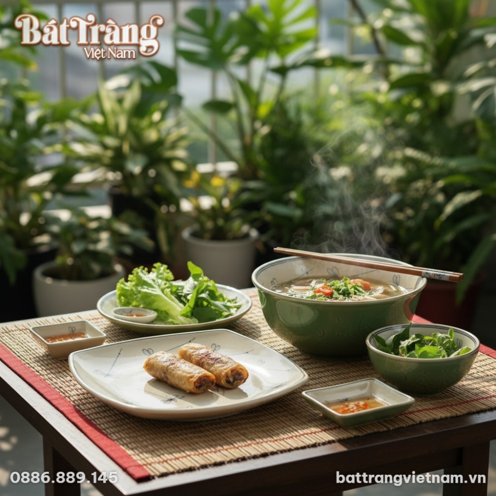 Chi tiết các tô và đĩa gia vị với men xanh lá cây mộc mạc và vân nổi nhẹ nhàng, cùng đĩa nhỏ họa tiết chuồn chuồn