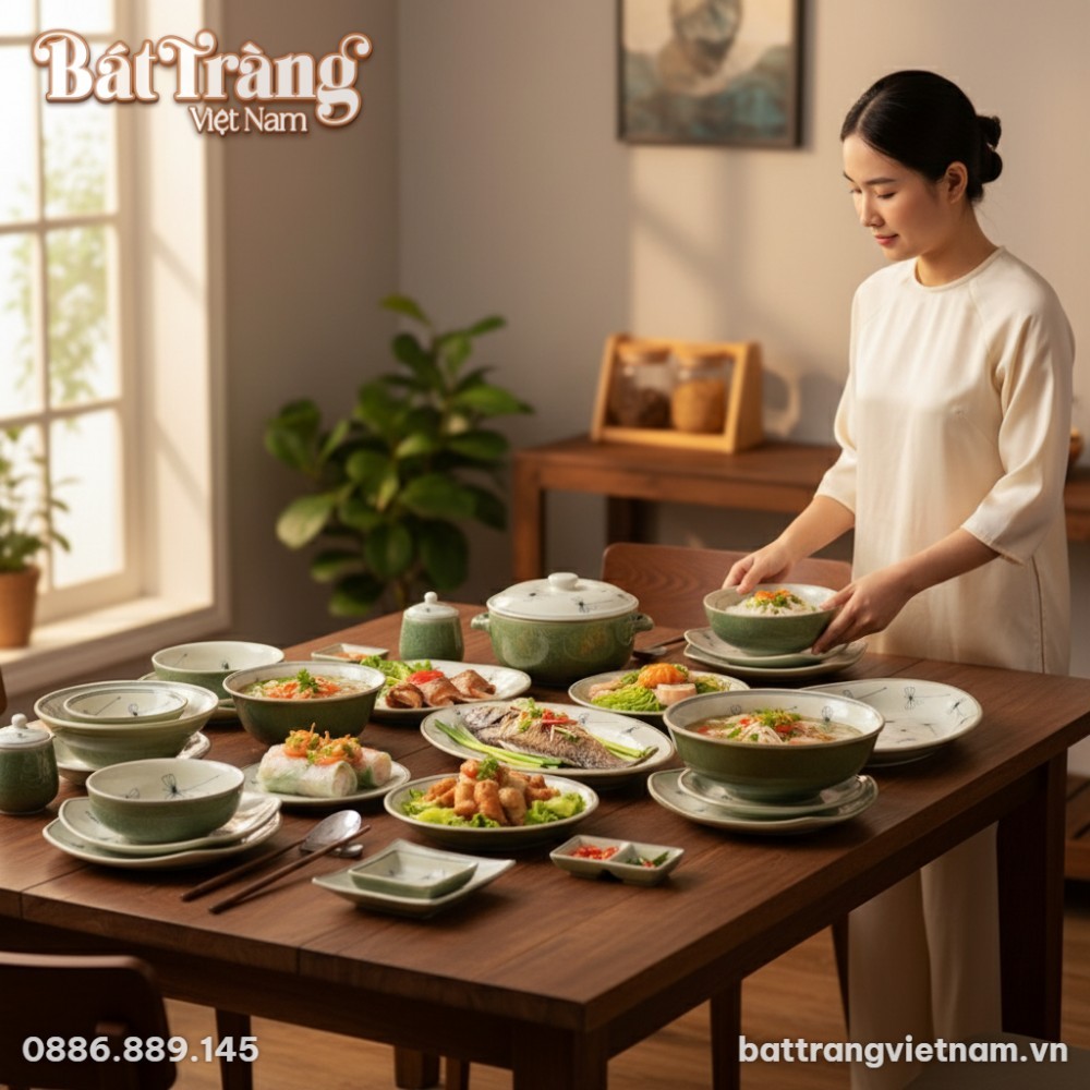 Món ăn được bày trí đẹp mắt trên bộ bát đĩa hoạ tiết chuồn chuồn