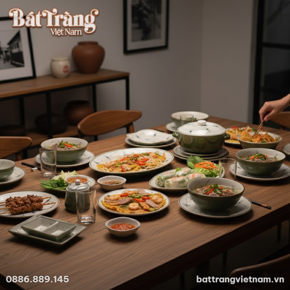 Bộ sưu tập đa dạng các loại bát, đĩa, tô giúp bày biện mâm cỗ thêm phần thịnh soạn, thể hiện sự chu toàn của gia chủ