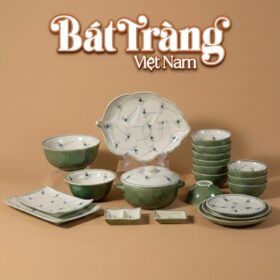 Bộ bát đĩa Bát Tràng men sứ trắng hoạ tiết chuồn xanh Thịnh Soạn BD-66