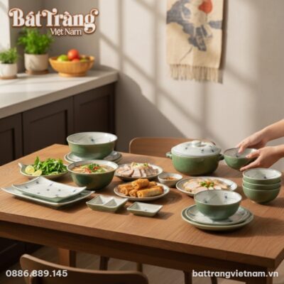 Bộ bát đĩa Chuồn Chuồn Xanh trên bàn ăn gỗ ấm c...