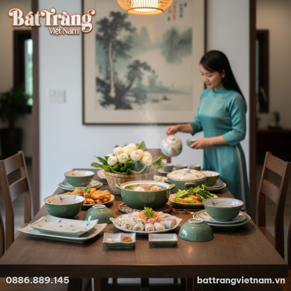 Đầy đủ các sản phẩm bát, tô, chén, đĩa trong bộ bát đĩa hoạ tiết chuồn xanh