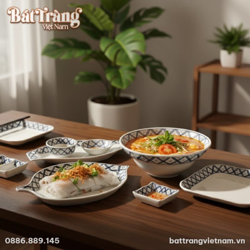 Cận cảnh đĩa hình lá và bát tô lớn trong bộ Bát...