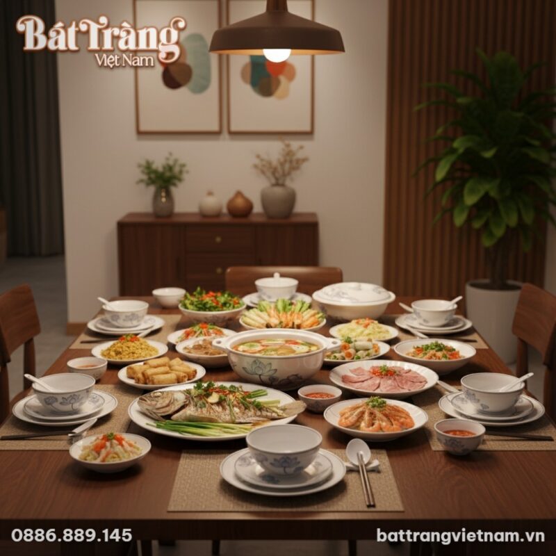 Bộ bát đĩa sen Bát Tràng được trưng bày trang n...