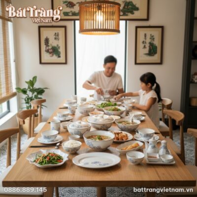 Bữa cơm gia đình Việt Nam ấm cúng, bộ bát đĩa B...