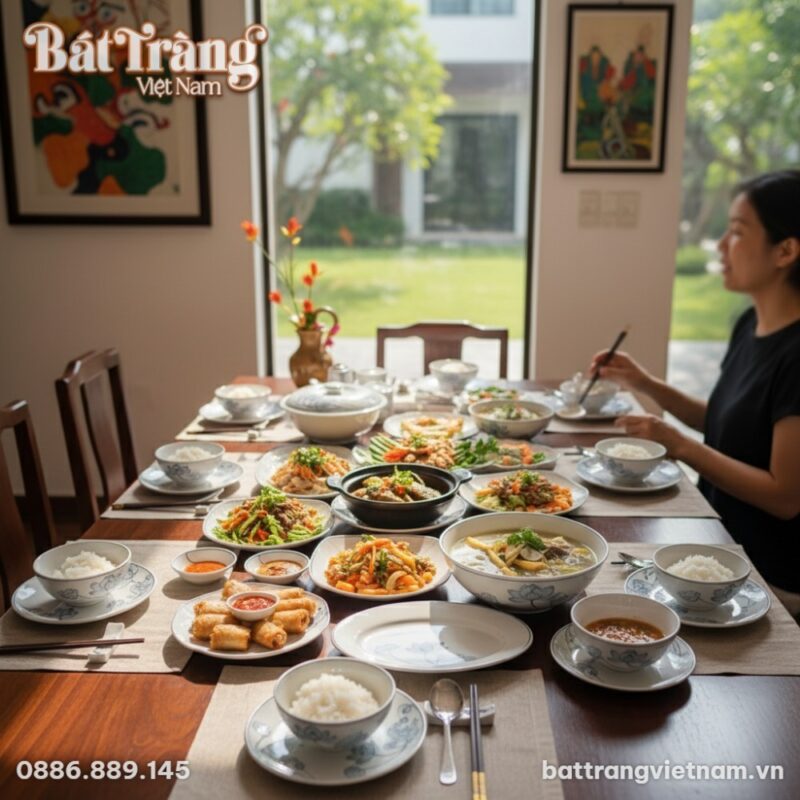 Bộ bát đĩa Bát Tràng họa tiết sen nổi bật trên ...