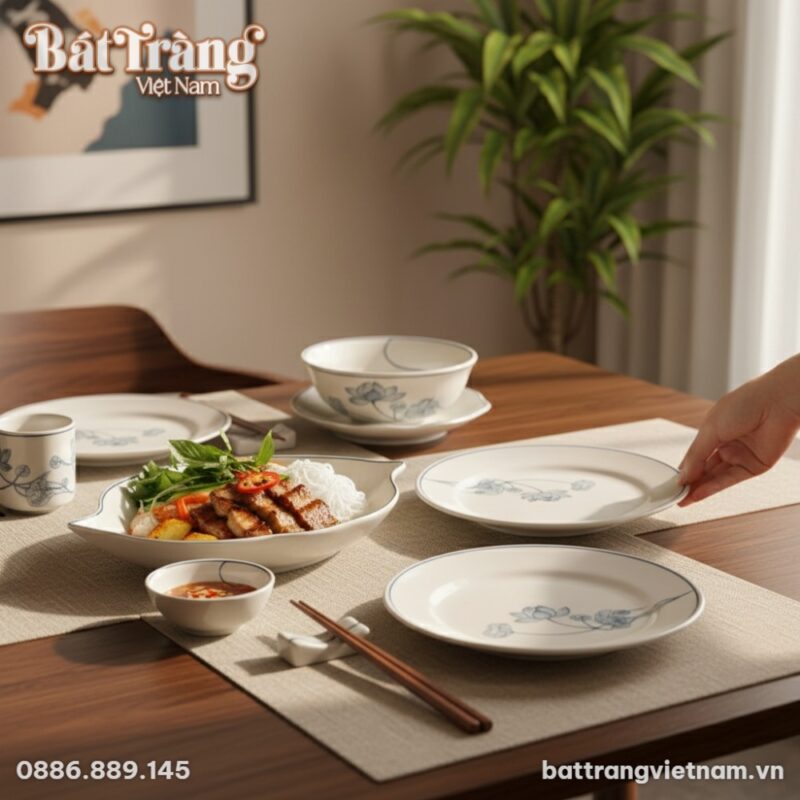 Cận cảnh một phần bộ bát đĩa Bát Tràng họa tiết...