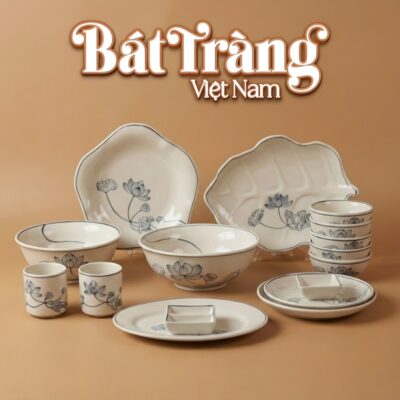 Bộ bát đĩa Bát Tràng men sứ trắng hoạ tiết sen thanh khiết BD-75 - Ảnh đại diện