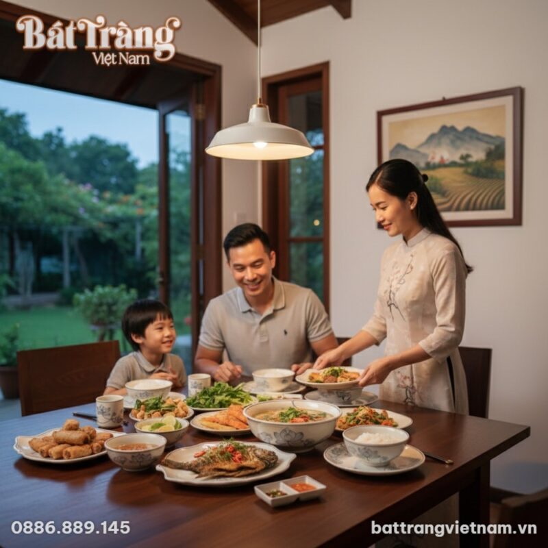 Toàn cảnh một bộ bát đĩa Bát Tràng men sứ trắng...