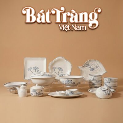 Bộ bát đĩa Bát Tràng men sứ trắng hoạ tiết sen thanh nhã quây quần BD-74 - Ảnh đại diện