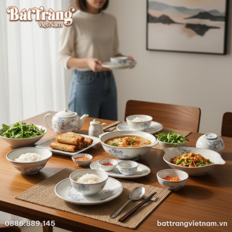 Bộ bát đĩa Bát Tràng men sen được đặt trang trọ...