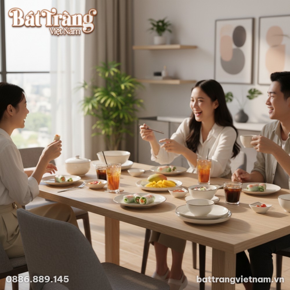 Bộ sản phẩm đầy đủ với nồi có nắp, các loại đĩa, tô và bát nhỏ, cho thấy sự tiện dụng và đồng bộ.