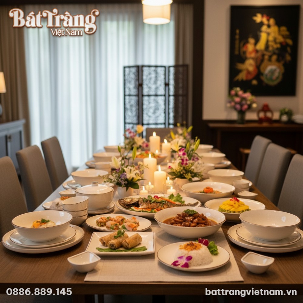 Các bát gia vị nhỏ và đĩa được bày trí đẹp mắt, minh họa sự chu đáo trong từng chi tiết sản phẩm