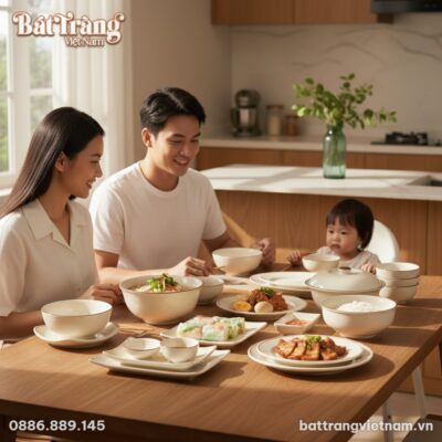 Một gia đình Việt Nam trẻ đang quây quần bên mâ...