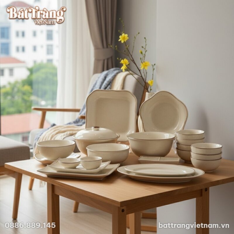 Bộ bát đĩa An Cư Lạc Thực men sứ trắng viền nâu... Bộ bát đĩa An Cư Lạc Thực men sứ trắng viền nâu...