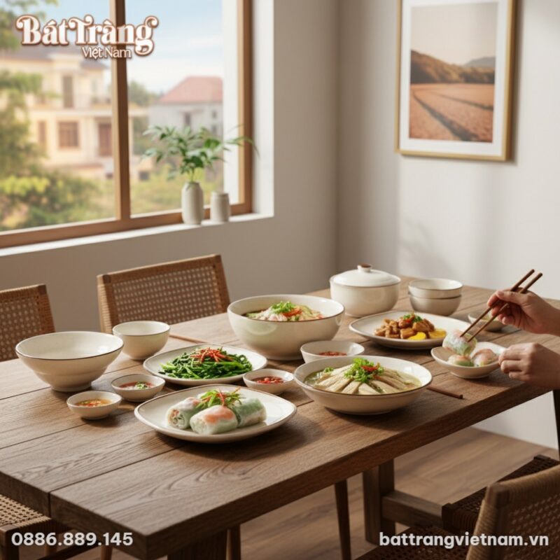 Bữa cơm gia đình Việt Nam ấm cúng trên bàn gỗ m...