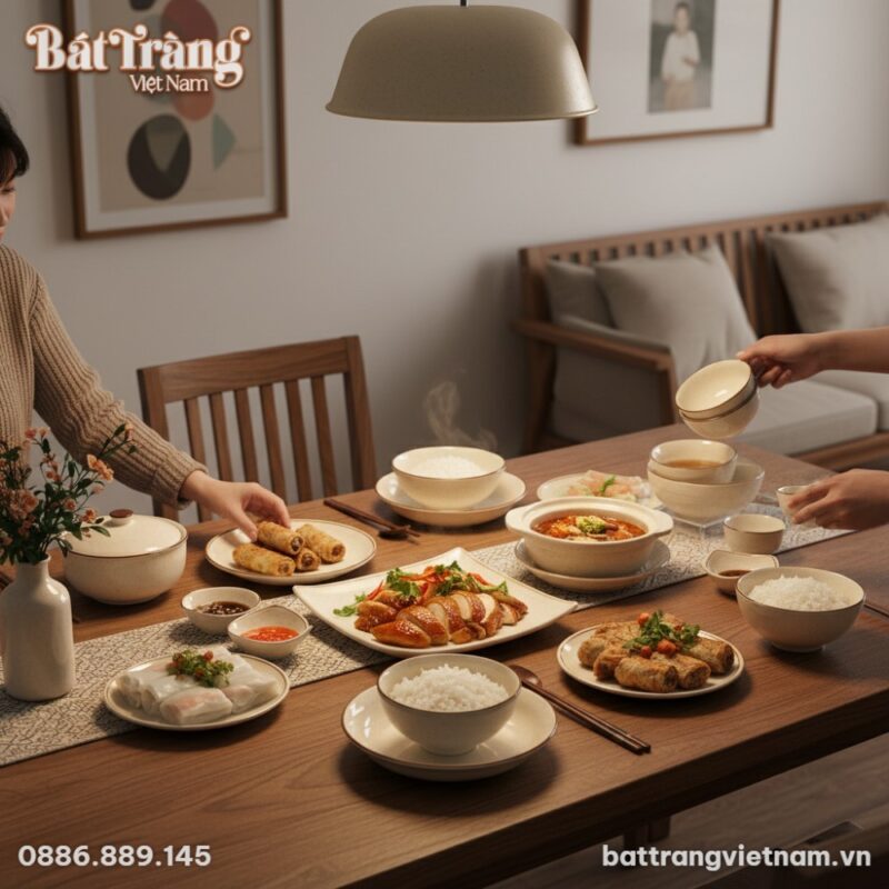 Cận cảnh bộ bát đĩa An Cư Tứ Thực BD-51 trên bà...