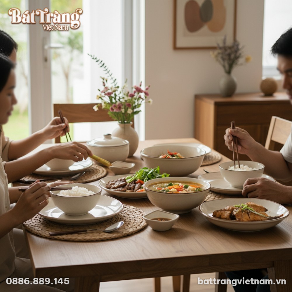 Bộ bát đĩa thiết kế tối giản với đầy đủ các món, sẵn sàng cho bữa cơm gia đình.