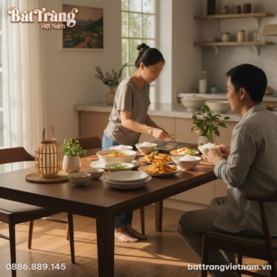 Bộ bát đĩa BD-50 trên bàn ăn gỗ trong căn bếp V...