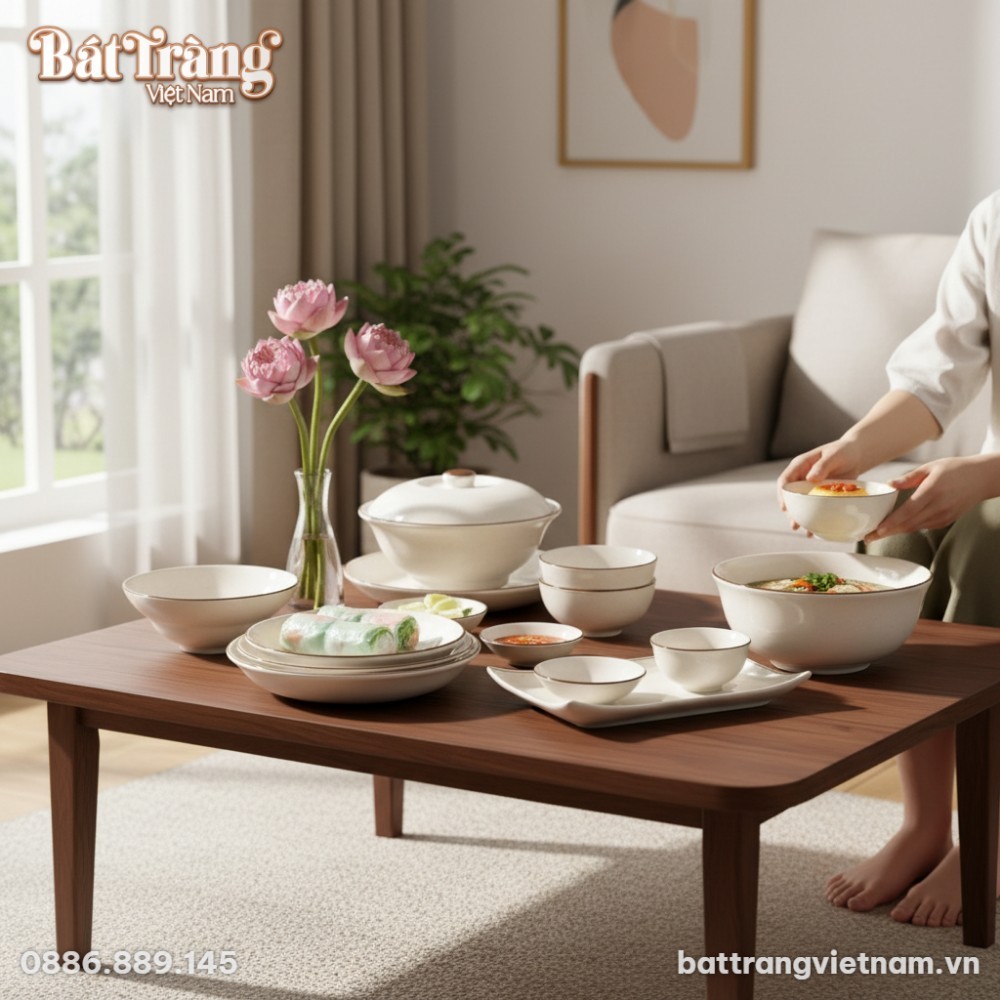 Bộ bát đĩa BD-50 men sứ trắng tinh tế được sắp ...