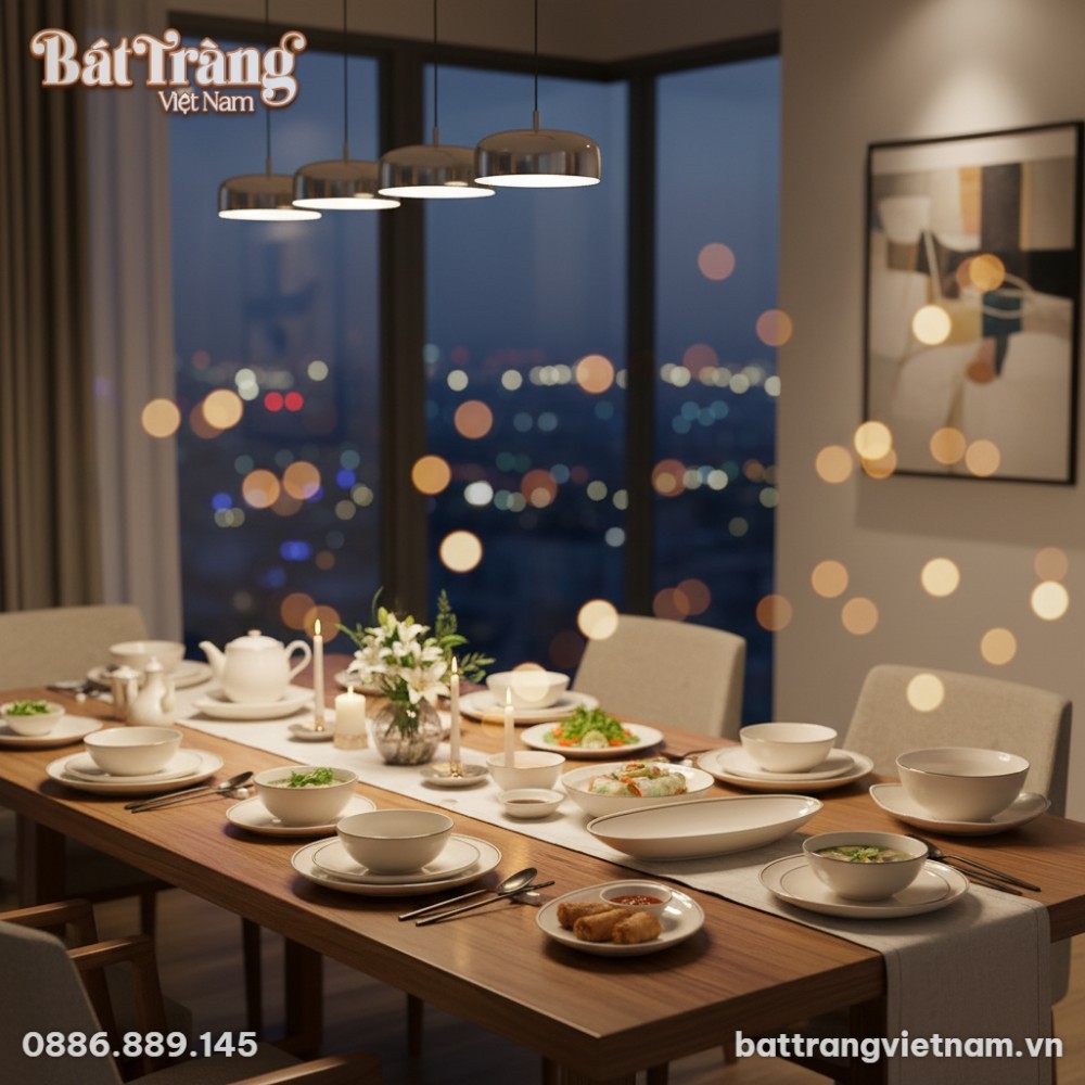 Sự đa dạng về hình dáng của đĩa và tô, từ tròn cổ điển đến lượn sóng hiện đại, tạo nên tổng thể hài hòa và phong phú