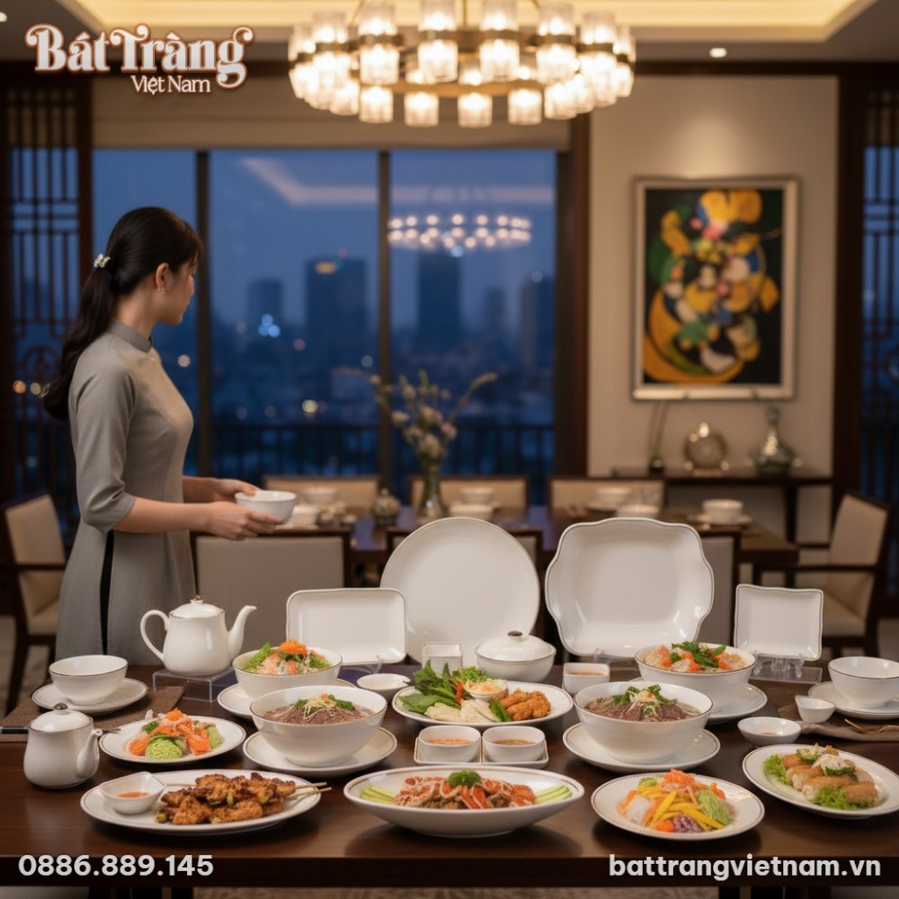 Một bàn ăn được bày trí với các món đồ trong bộ, thể hiện sự sang trọng và hài hòa trong tổng thể