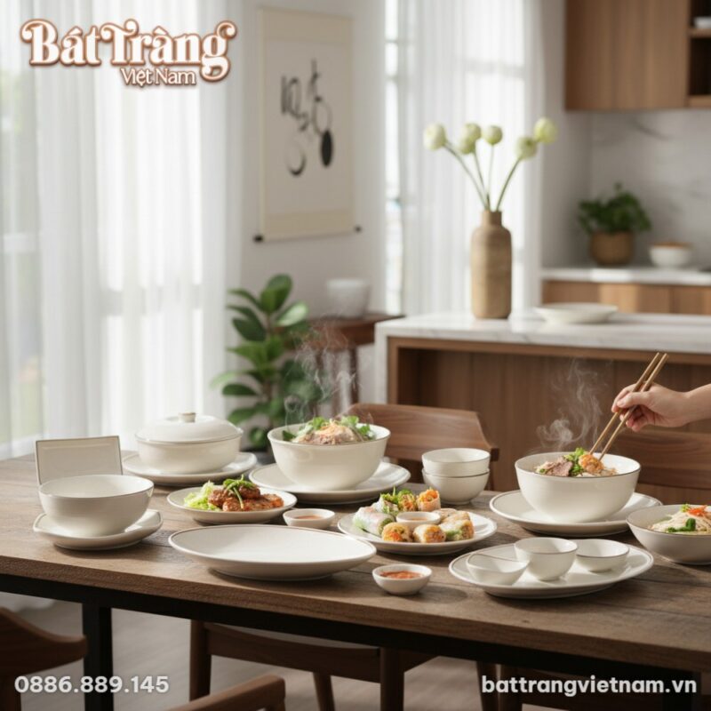 Cận cảnh bộ bát đĩa men sứ trắng Thịnh Soạn Toà...