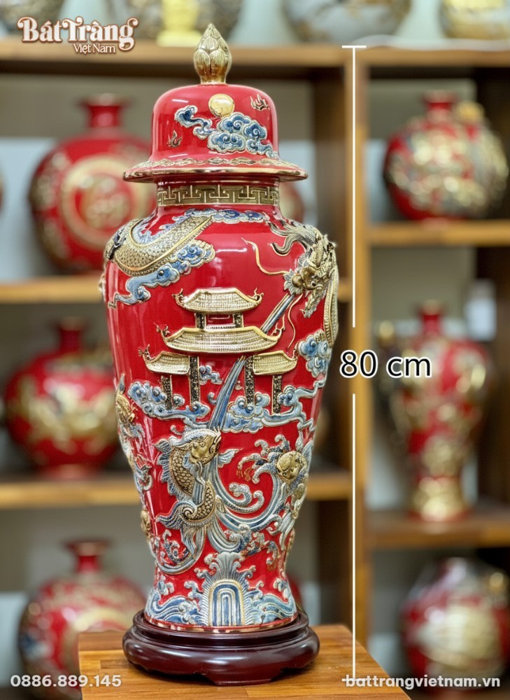 Kích thước Choé phong thuỷ Cá chép vượt Vũ Môn hoá Rồng H80 màu đỏ BT_LCT01