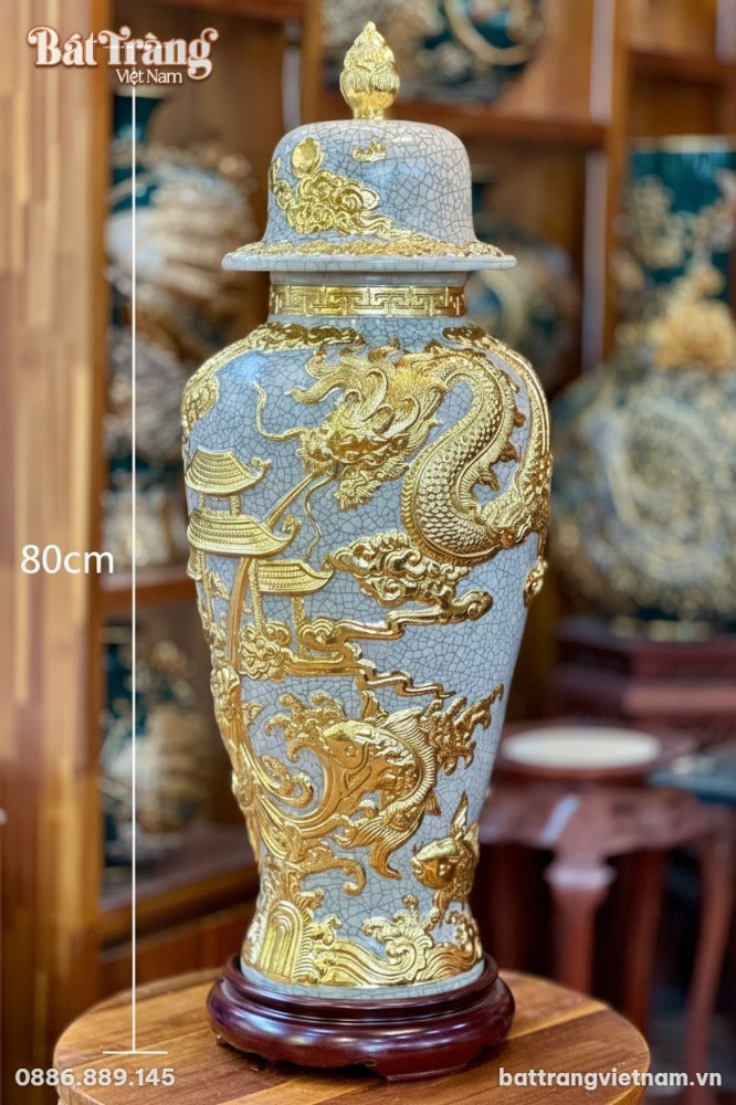 K&iacute;ch thước Cho&eacute; phong thuỷ C&aacute; ch&eacute;p vượt Vũ M&ocirc;n ho&aacute; Rồng H80 men rạn BT_LCT01