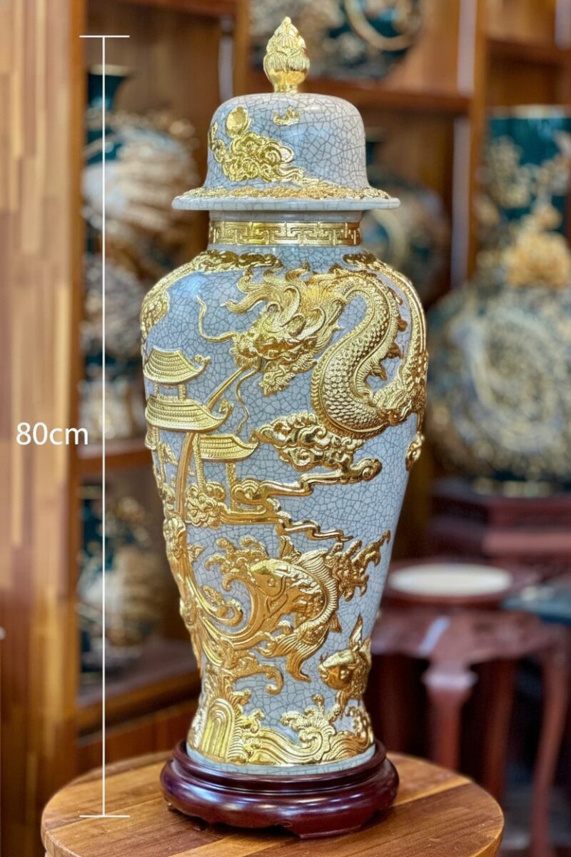 Kích thước Choé phong thuỷ Cá chép vượt Vũ Môn hoá Rồng H80 men rạn BT_LCT01