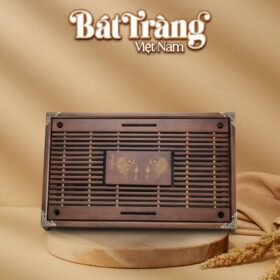 Khay đựng trà gỗ tre khắc Song Ngư bọc đồng giả cổ 43x28x6cm BT-KDT18