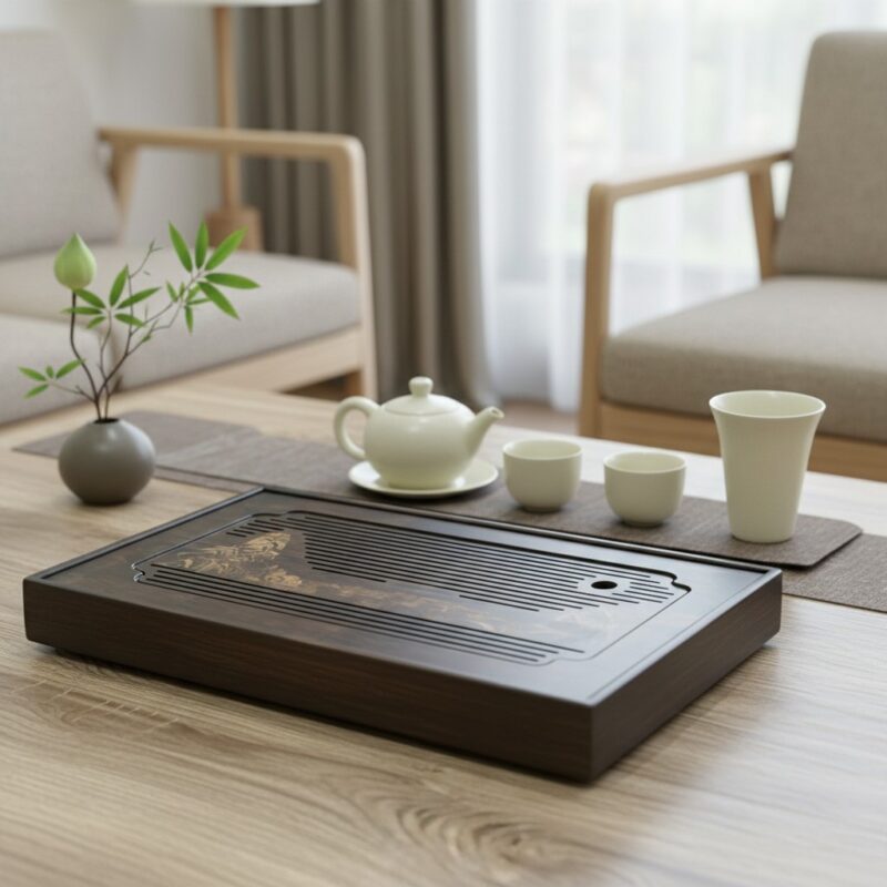 Cận cảnh khay trà tre họa tiết núi non thanh bì...