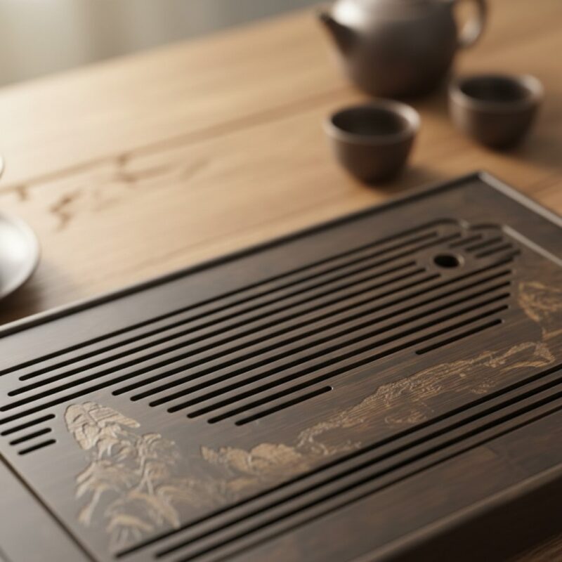 Góc chụp cận cảnh họa tiết khắc trên khay đựng trà