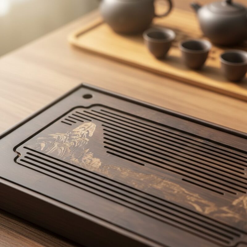 Góc chụp cận cảnh họa tiết khắc trên khay đựng trà