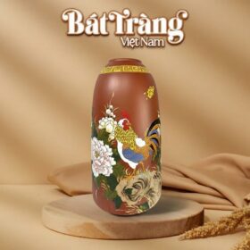 Lọ hoa Bát Tràng đất nung dáng chuông họa tiết kim kê phú quý 35cm BT-LH84