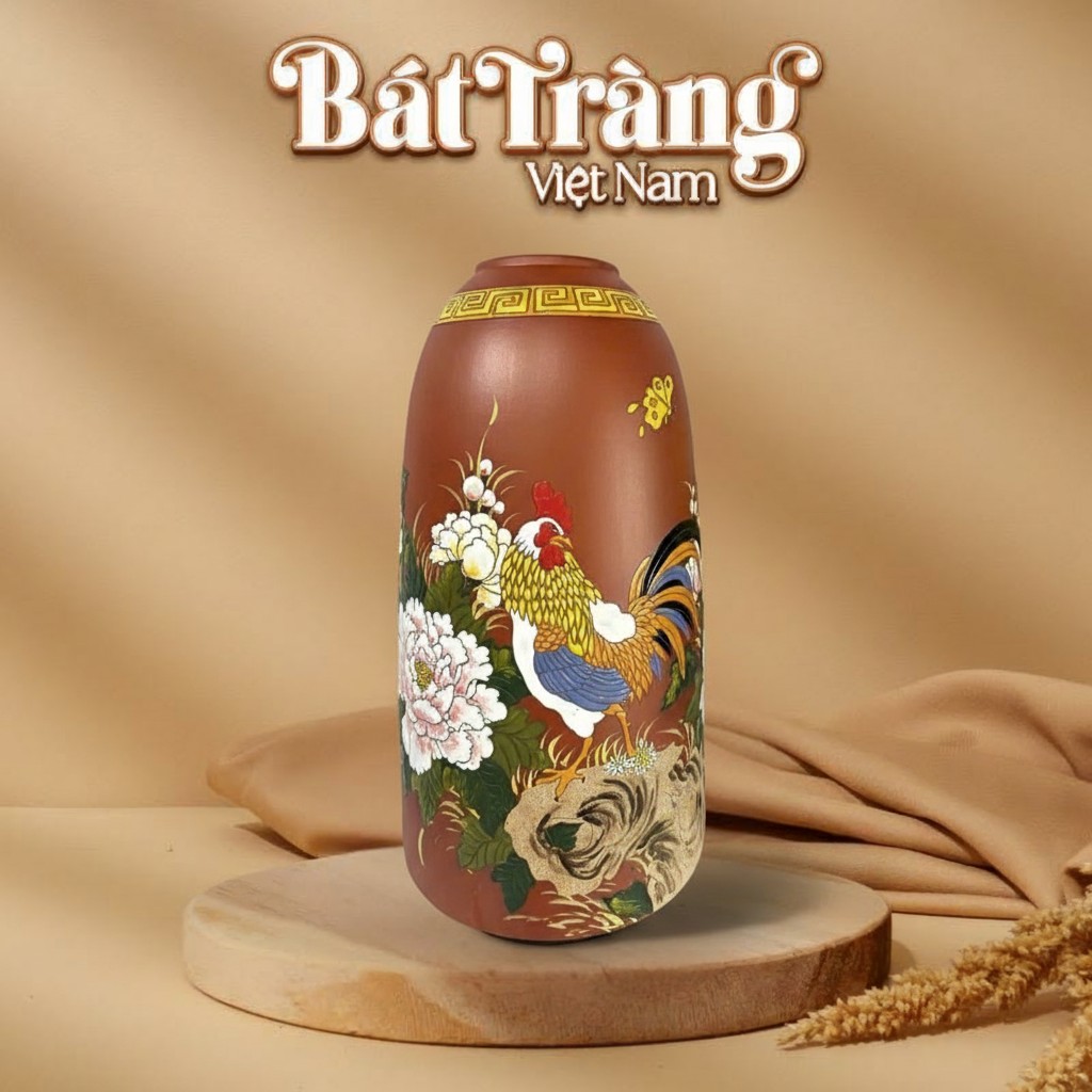 Lọ hoa Bát Tràng đất nung dáng chuông họa tiết kim kê phú quý 35cm BT-LH84