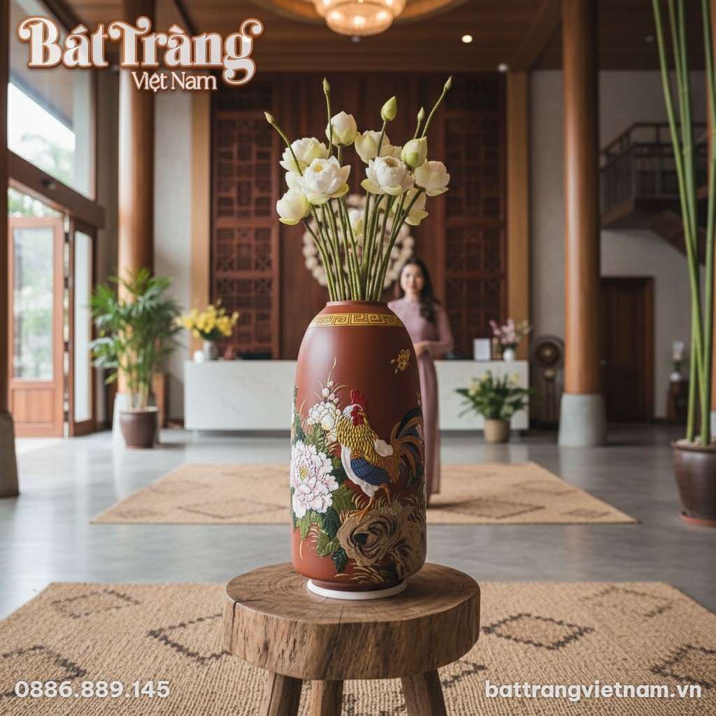 Cận cảnh lọ hoa Bát Tràng đất nung họa tiết kim...