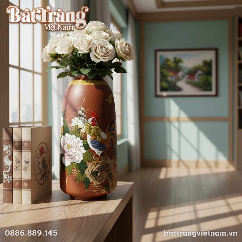 Lọ hoa Bát Tràng 35cm trang trí trên kệ sách gỗ...