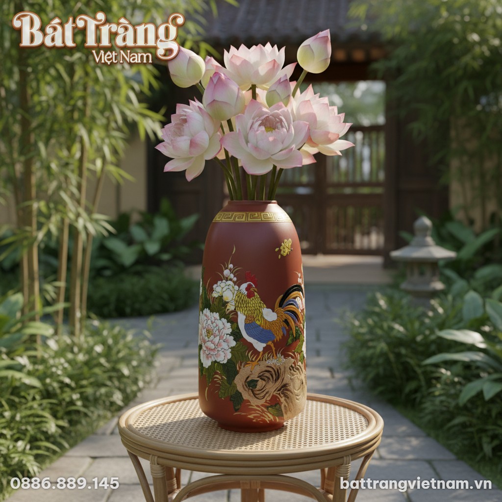 Lọ hoa gốm đặt trên bàn mây ở khu vườn. Trong l...