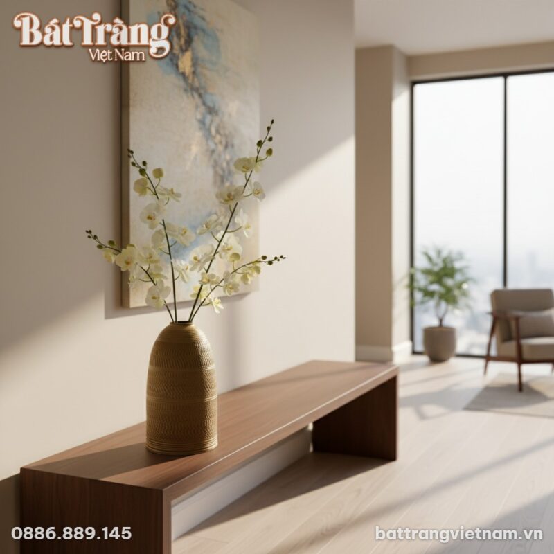 Lọ hoa gốm Bát Tràng men mộc vàng nâu dáng chuô... Lọ hoa gốm Bát Tràng men mộc vàng nâu dáng chuô...