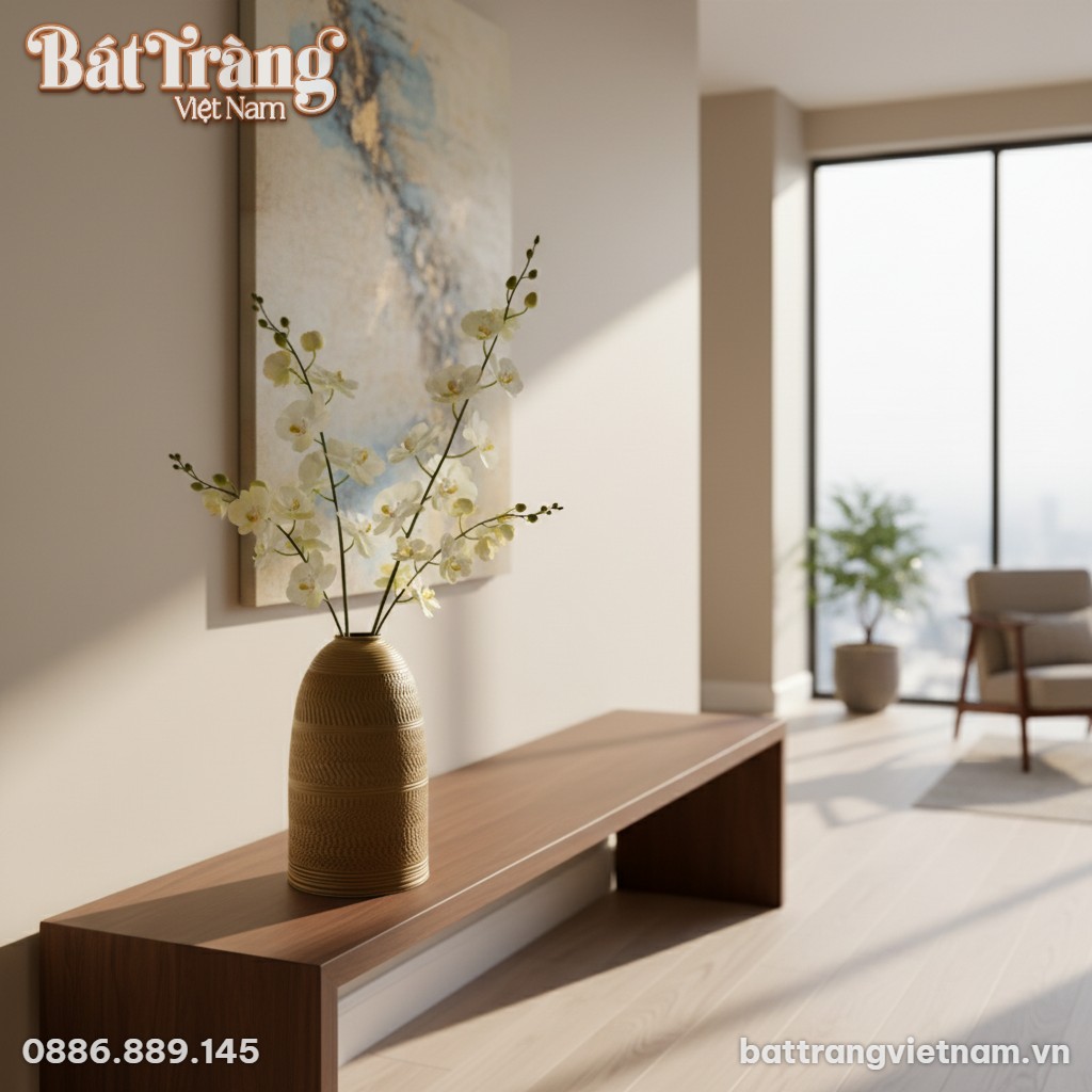 Lọ hoa gốm Bát Tràng men mộc vàng nâu dáng chuô...