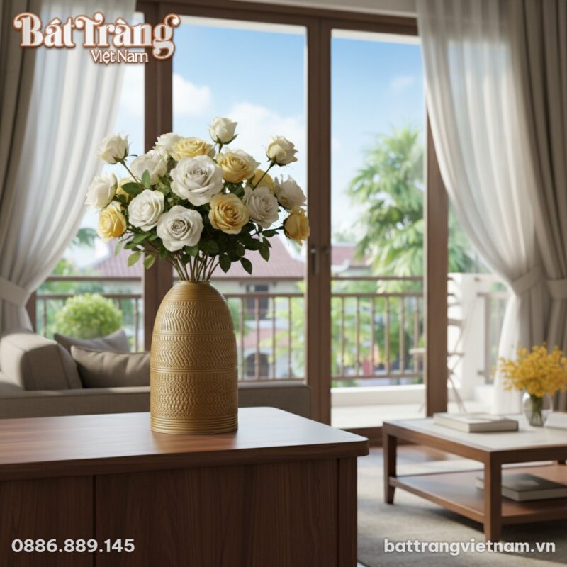 Lọ hoa gốm đặt bên cạnh cửa sổ, bên ngoài là bầ... Lọ hoa gốm đặt bên cạnh cửa sổ, bên ngoài là bầ...