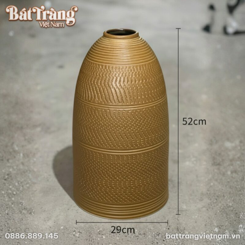 Kích thước Lọ hoa Bát Tràng men gốm mộc vàng nâu dáng chuông khắc vân hạt BT-LH94 Kích thước Lọ hoa Bát Tràng men gốm mộc vàng nâu dáng chuông khắc vân hạt BT-LH94